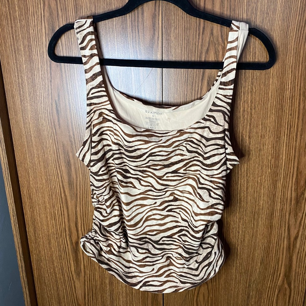 Rhyme + Reason Zebra Tank Top Women Large Brown Ruched Scoop Neck Sleeveless